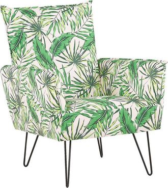 Beliani Sillón tapizado de tela verde patrón de hojas moderno con apoyabrazos patas de madera Ribe