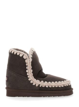 Mou Eskimo Brown Ankle Boots With Crochet Details And Logo Patch On The Rear In Suede Woman