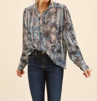 Fifteen Twenty Shirred Blouse In Blue Snake Print