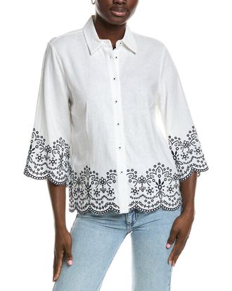 Jones New York Cropped Sleeve Linen-Blend Blouse