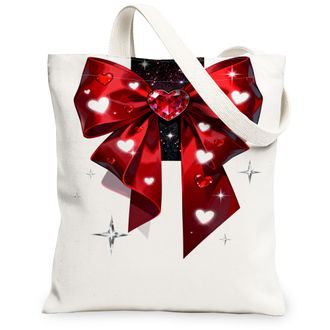 Generic ValentineS Day Heart Bow Canvas Tote Bags, Red Ribbon Love Pattern Reusable Bags, Romantic Lightweight Washable Shoulder S, Red, 13x15 Inch