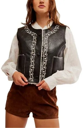Free People Travelers Embroidered Crop Faux Leather Vest in Black at Nordstrom Rack, Size Small