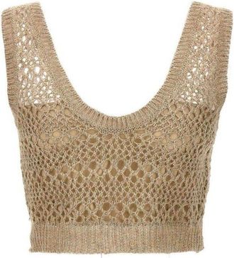 Brunello Cucinelli Beige Linen Silk Knit Top, Size X-Large