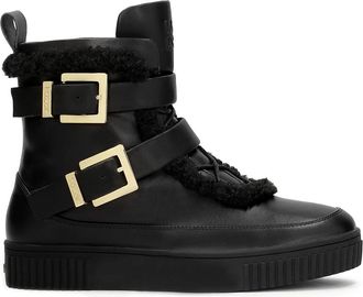Kazar Leren laarzen versierd met gespen en schapenvacht - Dames - Veterlaarzen - Zwart - 40 EU - Leer - Schoenen