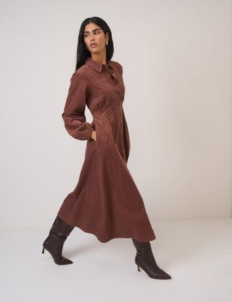 Nobody's Child Brown Cord Balloon Sleeve Montego Midi Dress