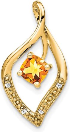 Diamond2Deal 14k Yellow Gold 5mm Cushion Citrine and Diamond Leaf Chain Slide Pendant