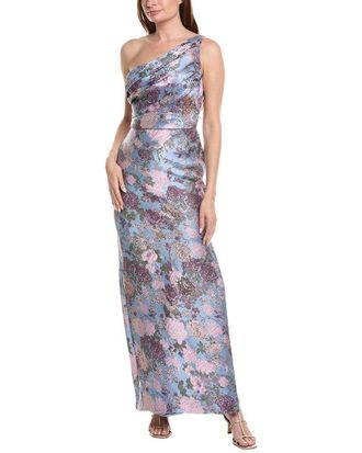 Rene Ruiz One-Shoulder Floral Fil Coupe Column Gown