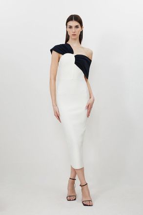 Karen Millen Womens Figure Form Bandage Asymmetric Strap Knit Midi Dress - Cream - Size X-Small
