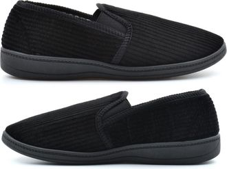 Generic Mens Wide Fit Slippers Size 9 Mens Wide Slippers Size 10 Carpet Slipper Cord Slip On Slipper Twin Gusset Slip In Sizes 8-12 Black (E Fitting) 12 UK
