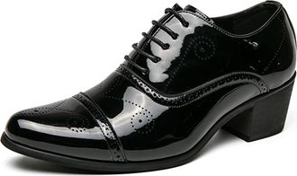 Generic Mens Fashion Pointed Toe Dress Business Shoes Heeled High Heels Floral Patent Leather Lace Up Derby Oxford Shoe Black Red White (Black,8.5)