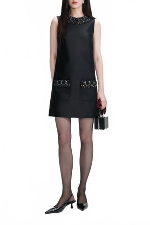 Self Portrait Taffeta Embellished Trim Mini Dress In Black