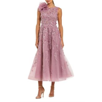 Mac Duggal High Neck Embellished Midi Dress with 3D Flower in Orchid at Nordstrom, Size 14