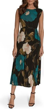 DKNY Floral Pleated Tie Belt Georgette Cocktail Dress in Midnight Green at Nordstrom, Size 12