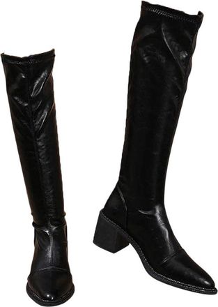 Generic Women Knee High Pu Leather Boots Thick Heel Pointed Toe Winter Holiday Party Casual Boot