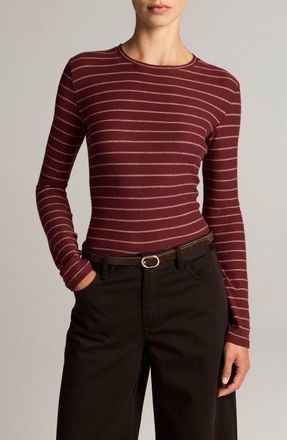 Vince Striped Long Sleeve Cotton Crewneck Top in Black Rose Combo at Nordstrom, Size Xx-Small