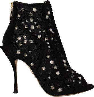 Dolce & Gabbana Zwarte Kristallen Rits Korte Laarzen - Dames - Laarzen met Hak - Zwart - 37 1/2 EU - Schoenen