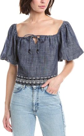 NVLT Nvlt Embroidered Balloon Sleeve Linen-Blend Top