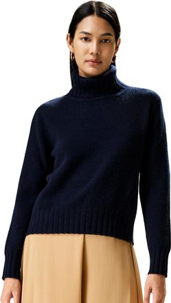 LilySilk Wool Cashmere Sweater for Women Turtleneck Pullover with Rib Hemline Barrel Collar Knit Sweaters Winter Lightweight(Navy Blue,M