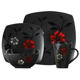 Gibson Home 16-Piece Evening Blossom Dinnerware Set in Black And Red at Nordstrom