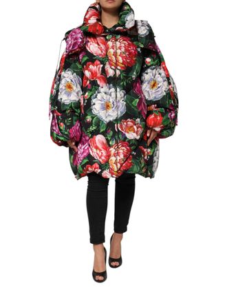 Dolce & Gabbana Womens Multicolor Floral Hooded Puffer Coat Jacket Polyester Clothing
