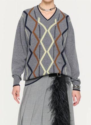 Plan C Long Sleeve Intarsia Crew Neck Knit Sweater In Light Grey