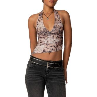 Edikted Leopard Print Asymmetric Mesh Halter Top at Nordstrom, Size X-Small