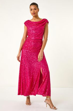 Roman Sequin Cowl Neck Maxi Stretch Dress