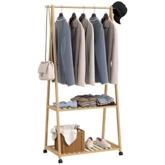 OEM Perchero Burro Para Ropa De Bamb&uacute; Con Ruedas 2 Estantes Abiertos Y 2 Ganchos 84,5x43,5x158 Cm Natural