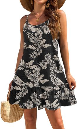 Generic Boho Dresses for Women UK, Womens Summer Dresses Spaghetti Strap Floral Print Tiered Swing A Line Short Sundresses Ladies Beach Cover Up Dress 18th Bi