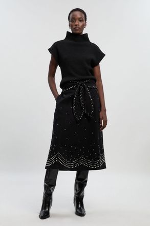 Karen Millen Womens Denim Placed Stud Tie Belt Full Midi Skirt - Black Cotton - Size 12 UK