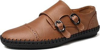 Generic Mens Mens Loafers Genuine Leather Cap Toe Stitching Details Round Toe Monk Strap Slip Resistant Flat Heel Comfortable Lightweight Wedding Slip-ons(Kha