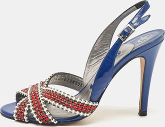 Gina Blue Patent Leather Crystal Embellished Slingback Sandals