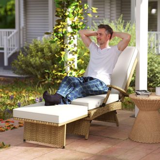 OUTSUNNY Foldable Rattan Garden Recliner Chair w/ Cushion, Footrest in Beige