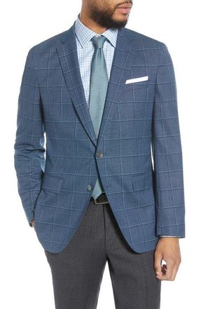 BOSS Hartlay Trim Fit Windowpane Wool Sport Coat in Teal at Nordstrom, Size 38 R