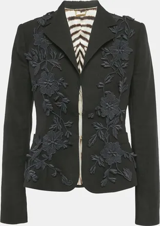 Roberto Cavalli Black Floral Applique Linen Blend Blazer
