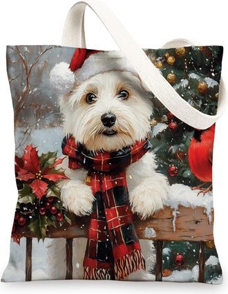 Generic Christmas Westie Dog Canvas Tote Bag for Shopping 13x15, Xmas Farmhouse Cardinal Puppy Reusable Grocery Print Bag for Women Men, Holiday Pet Aesthetic