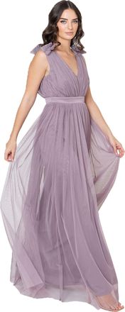 Maya Womens Ladies Maxi Dress with Ruffle V Neck Sleeveless High Empire Waist Long for Prom Guest Wedding Bridesmaid, Moody Lilac, 14