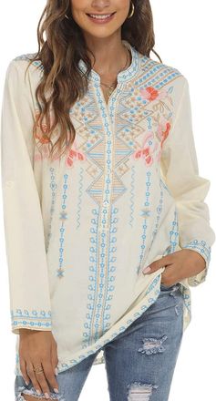 JD Williams Womens Embroidery Indian Style Bohemian Cotton Tops Long Sleeve Shirts Casual Loose Tunics Blouse(3X-Large,Black,127)