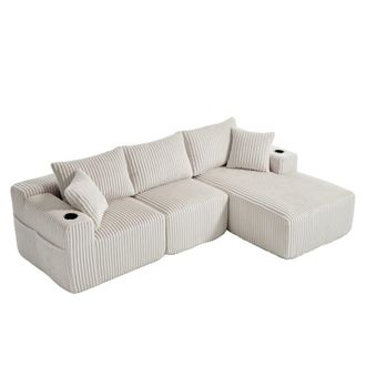 Urban Meuble Sof&aacute; rinconero de 3 plazas en pana beige, 5 cojines con bolsillos