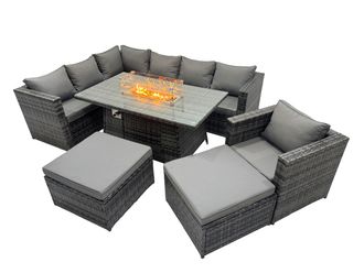 Fimous Rattan Garden Furniture Dining Set 9- with 2 Big Stools in Dark Grey