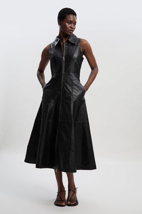 Karen Millen Womens Leather Zip Through Full Midi Dress - Black - Size 12 UK