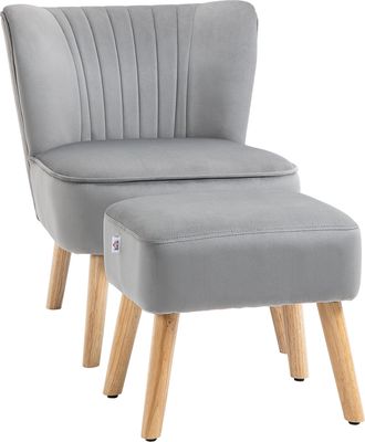 HOMCOM Velvet-Feel Accent Chair w/ Ottoman Tub Seat Padding Wood Legs Light Grey | TJ Hughes