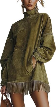Generic Womens Olive Faux Suede Turtleneck Dress - Elegant with Fringe Hem, Casual Short Sleeveless Shift Dress for Fall Winter (Green,M)