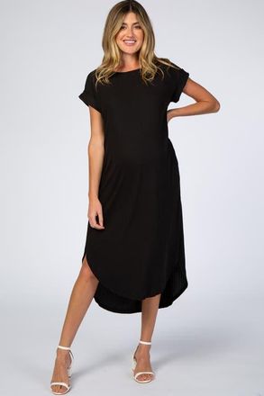Pinkblush Ribbed Curved Hem Midi Dress in Black at Nordstrom, Size Medium