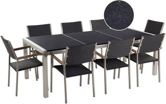Beliani Conjunto De Comedor De Jard&iacute;n Negro Con Mesa 220 X 100 Cm De Granito Negro 8 Sillas De Rat&aacute;n Grosseto