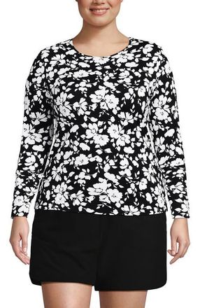Lands End Crew Neck Long Sleeve Rash Guard UPF 50 Swim Tee in Black Blossom Floral at Nordstrom, Size 3X