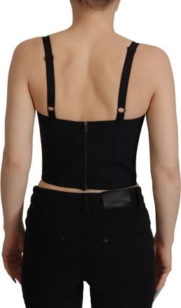 Dolce & Gabbana Womens Black Patchwork Sicily Blouse Corset Cropped Top Cotton