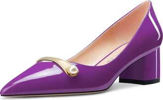 Castamere Women Chunky Block Mid Heel Pointed Toe Slip-on Patchwork Pumps Court Shoe Wedding Office 5 CM Heels Purple 5.5 UK