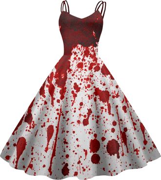 Generic Womens Halloween Costume Adult, Halloween Dress for Women Sleeveless Gothic Dress Women Rockabilly Retro 1950s Spaghetti Strap Swing A-Line Dresses Co