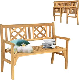 Costway Costway - Banco De Jard&iacute;n Plegable De 120 Cm Banco De Madera De Acacia Banco De S&oacute;lida Para 2 Personas Con Respaldo Curvo Y Reposabrazos